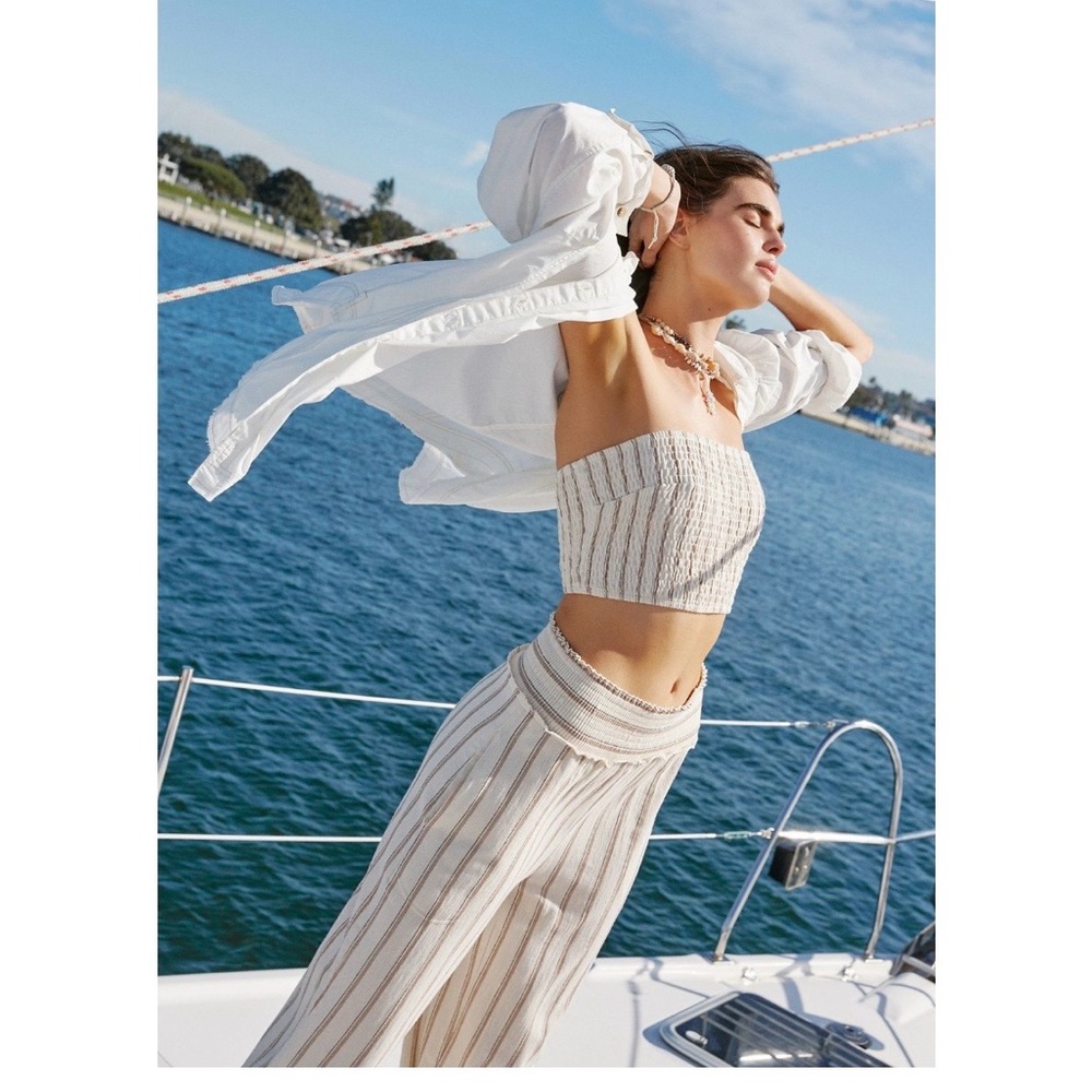 Free People Desi Striped Set Knit Strapless Crop Top with Wide Leg Pants